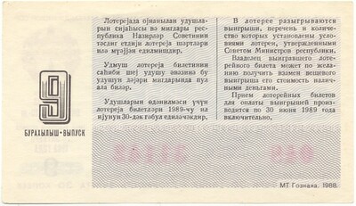 Лотерейный билет 30 копеек 1988 года Денежно-вещевая лотерея министерства финансов Азербайджанской ССР (9 выпуск)