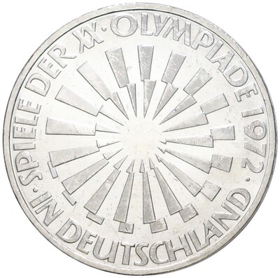 10 марок 1972 года G Западная Германия (ФРГ) «Олимпиада в Мюнхене — Эмблема» (IN DEUTSCHLAND)