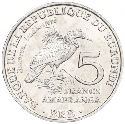 5 франков 2014 года Бурунди «Птицы — Кафрский рогатый ворон (Bucorvus leadbeateri)»