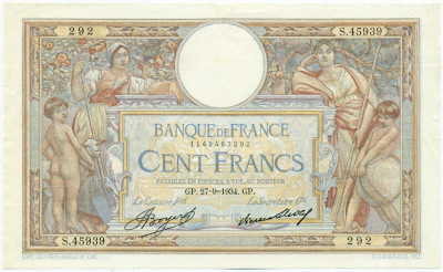 100 франков 1934 года Франция