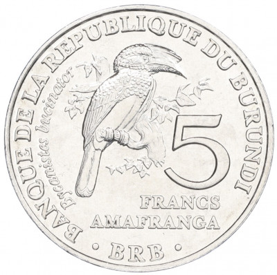 5 франков 2014 года Бурунди «Птицы — Калао-трубач (Bycanistes bucinator)»