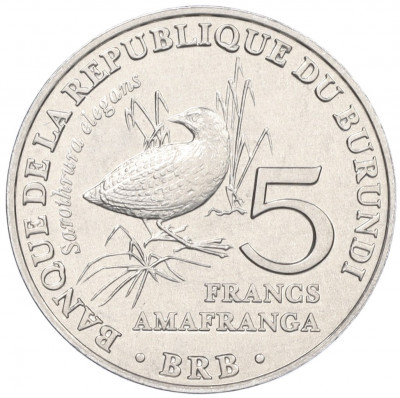 5 франков 2014 года Бурунди «Птицы — Пестрый пушистый погоныш (Sarothrura elegans)»