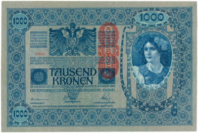 1000 крон 1919 года Австрия (вертикальная красная надпечатка на 1000 кронах 1902)