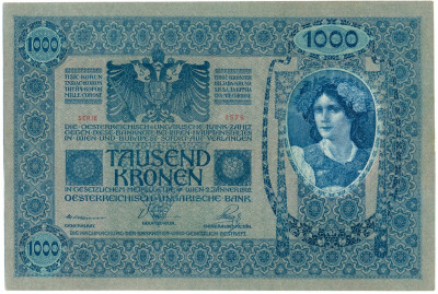 1000 крон 1919 года Австрия (вертикальная красная надпечатка на 1000 кронах 1902)