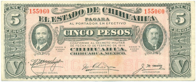 5 песо 1913 года Мексика - штат Чиуауа