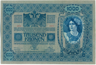 1000 крон 1919 года Австрия (горизонтальная красная надпечатка на 1000 кронах 1902)