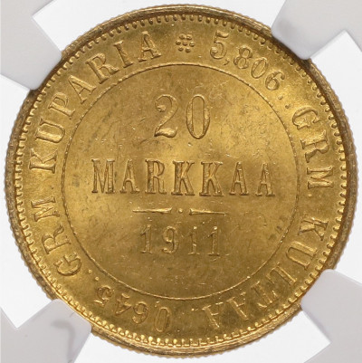 20 марок 1911 года Русская Финляндия - в слабе NGC (MS64)