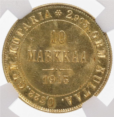 10 марок 1913 года Русская Финляндия - в слабе NGC (MS64)