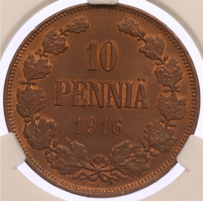 10 пенни 1916 года Русская Финляндия в слабе CGC (MS65 BN)