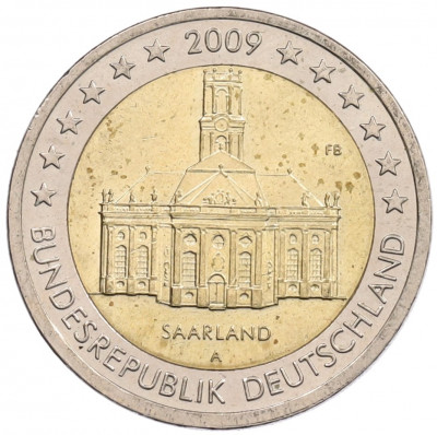 2 евро 2009 года А Германия «Федеральные земли Германии — Саар (Церковь Людвига в Саарбрюккен)»