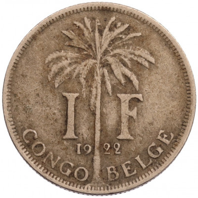 1 франк 1922 года Бельгийское Конго - Надпись на французском (CONGO BELGE / DES BELGES)