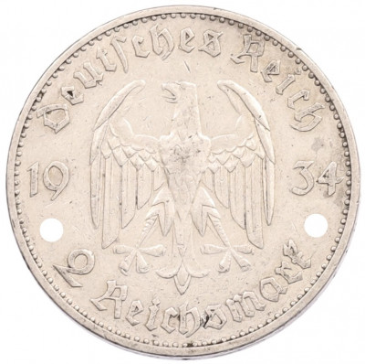 2 рейхсмарки 1934 года А Германия «Годовщина нацистского режима — Гарнизонная церковь в Постдаме» (Кирха подписная)