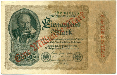 1 миллиард марок 1923 года Германия (Надпечатка на 1000 марок)