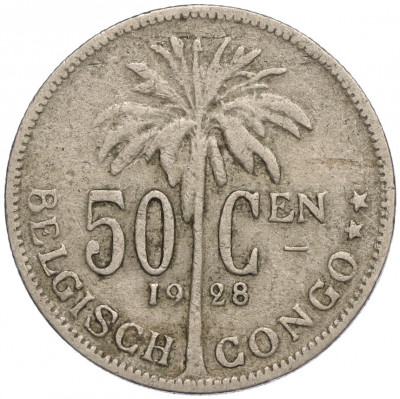 50 сантимов 1928 года Бельгийское Конго — легенда на фламандском (BELGISH CONGO / DER BELGEN)