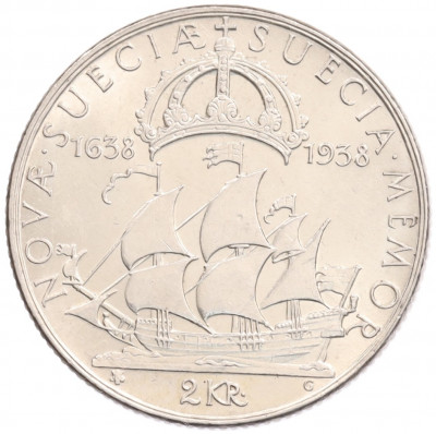 2 кроны 1938 года Швеция «300 лет поселению Делавэр»