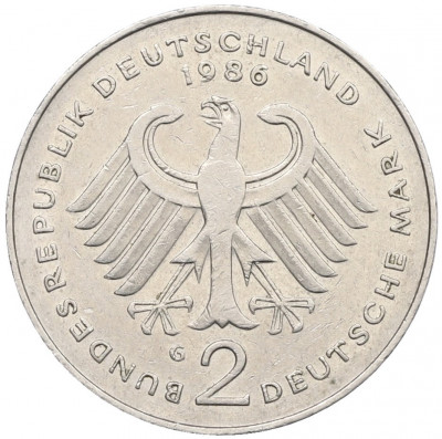 2 марки 1986 года G Западная Германия (ФРГ) «Курт Шумахер»