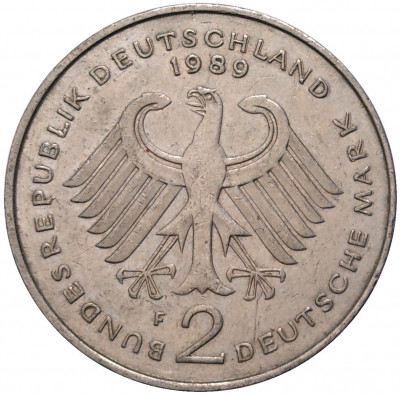 2 марки 1989 года F Западная Германия (ФРГ) «Курт Шумахер»