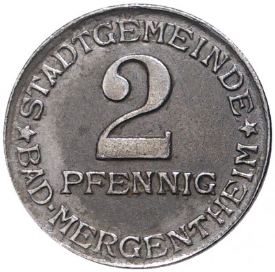 2 пфеннига 1920 года Германия — город Мергентхайм (Нотгельд)