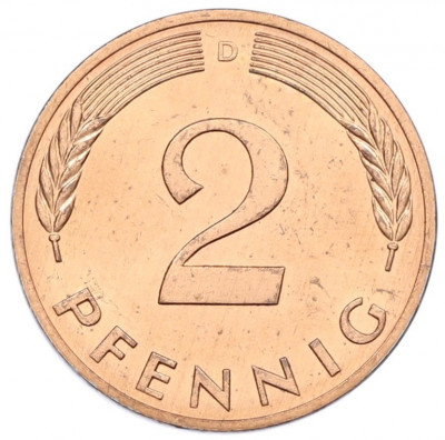 2 пфеннига 1984 года D Западная Германия (ФРГ)