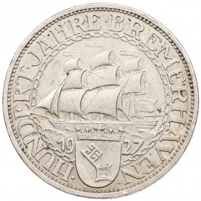 3 рейхсмарки 1927 года A Германия «100 лет Бремерхафену»