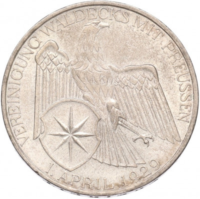 3 рейхсмарки 1929 года A Германия «Объединение Вальдека и Пруссии»