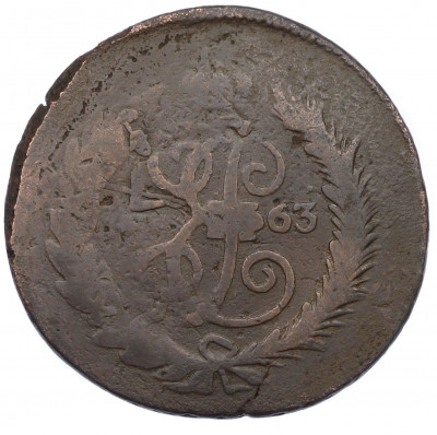 2 копейки 1763 года СПМ (Перечекан из 4 копеек 1762)