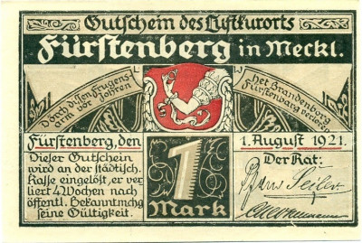 1 марка 1921 года Германия — Фюрстенберг (Нотгельд)