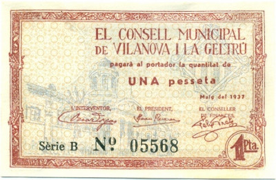 1 песета 1937 года Виланова-и-ла-Желтру (Гражданская Война в Испании)