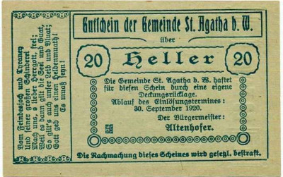 20 геллеров 1920 года Австрия — Коммуна Санкт-Агата (Нотгельд)