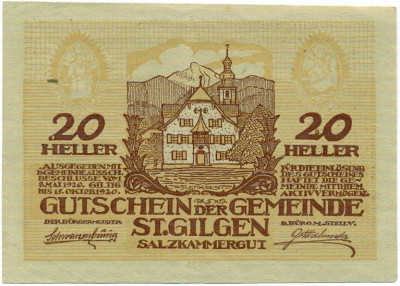 20 геллеров 1920 года Австрия — Коммуна Санкт-Гильген (Нотгельд)