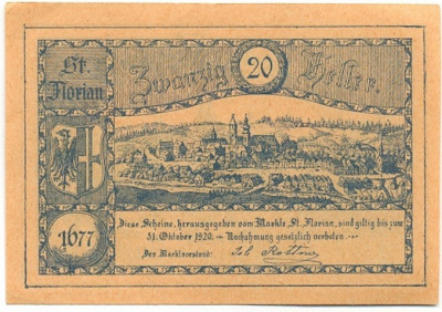 20 геллеров 1920 года Австрия — Коммуна Санкт-Флориан (Нотгельд)