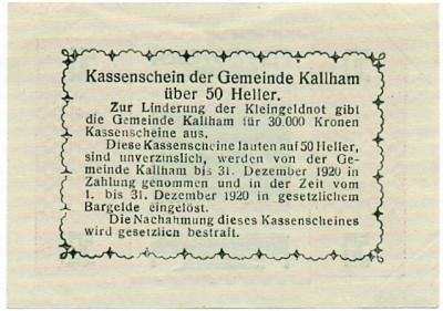 50 геллеров 1920 года Австрия — Кальхам (Нотгельд)