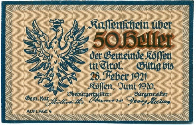 50 геллеров 1920 года Австрия — Кессен (Нотгельд)