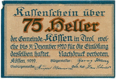 75 геллеров 1920 года Австрия — Кессен (Нотгельд)