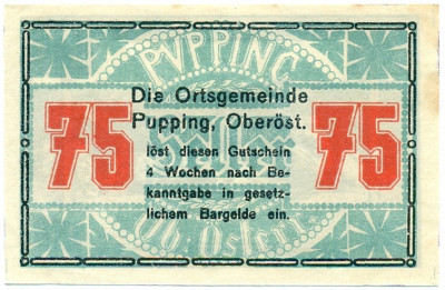 75 геллеров 1920 года Австрия — община Пуппинг (Нотгельд)