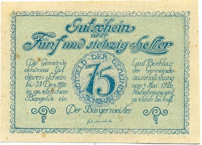75 геллеров 1920 года Австрия — Шенау-им-Мюлькрайс (Нотгельд)