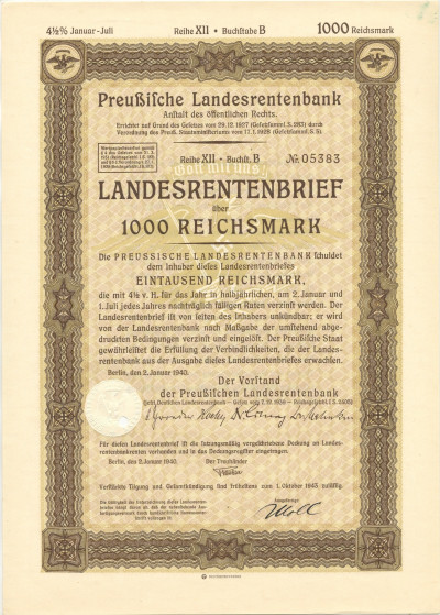 4 1/2% акция (облигация) 1000 рейхсмарок 1940 года Германия