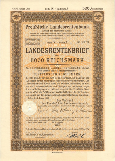 Акция (облигация) 5000 рейхсмарок 1940 года Германия