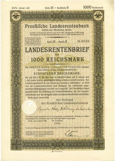 4 1/2% облигация на 1000 рейхсмарок 1935 года Германия (Прусский государственный пенсионный банк)