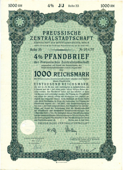 4% облигация на 1000 рейхсмарок 1940 года (Preussische Zentralstadtschaft)