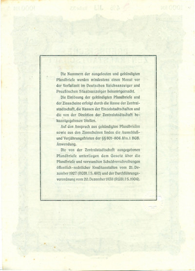 4% облигация на 1000 рейхсмарок 1940 года (Preussische Zentralstadtschaft)