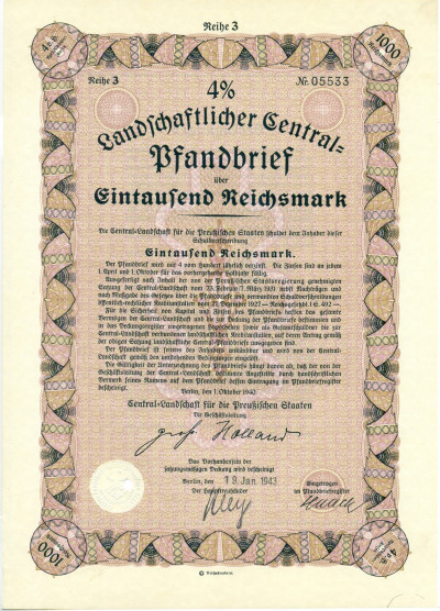 4% облигация на 1000 рейхсмарок 1940 года (Central-Candschast fur die Preukischen Staaten)