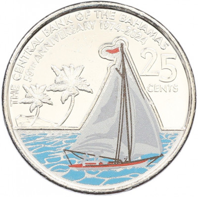 25 центов 2024 года Багамские острова «50 лет Центральному банку Багамских Островов»
