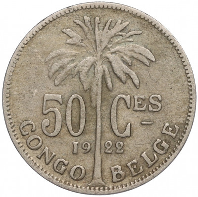 50 сантимов 1922 года Бельгийское Конго — легенда на французском (CONGO BELGE / DES BELGES)