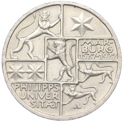 3 рейхсмарки 1927 года Германия «400 лет Марбургскому университету имени Филиппа»
