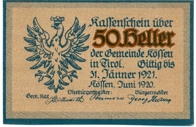 50 геллеров 1920 года Австрия — Кессен (Нотгельд)