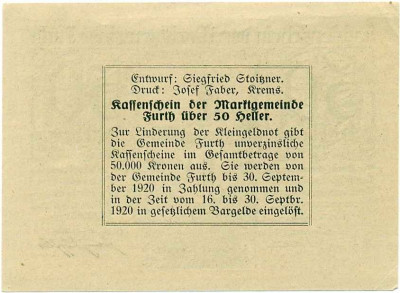 50 геллеров 1920 года Австрия — Фюрт (Нотгельд)