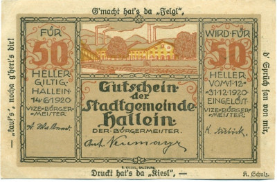 50 геллеров 1920 года Австрия — Халлайн (Нотгельд)