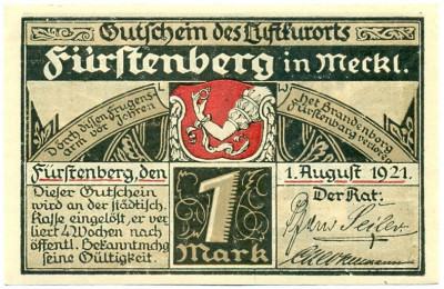 1 марка 1921 года Германия — Фюрстенберг (Нотгельд)