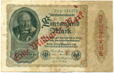 1 миллиард марок 1923 года Германия (Надпечатка на 1000 марок 1922 года)